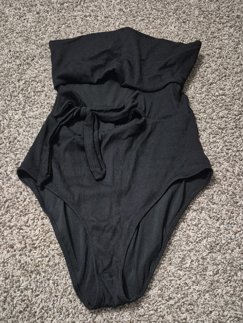 Black Ribbed Kids One-Piece Swimsuit with Waist Tie